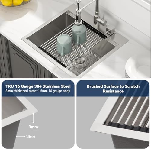 Lordear Drop in Kitchen Bar Sink 21x20x9 Inch Workstation 16 Gauge Stainless Steel Single Bowl Topmount Over Counter for Wet Bar/Prep/Small Kitchen with Cutting Board - Image 5