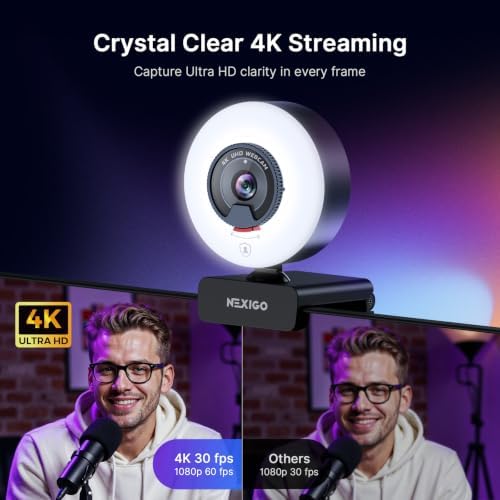 NexiGo N960E Plus 4K Webcam with Ring Light & RF Remote, ToF Autofocus, OSD Menu, 1080p 60FPS, 4X Digital Zoom, Noise-Canceling Mics, Privacy Cover, USB Web Camera for Streaming, Video Calls& Meetings - Image 2