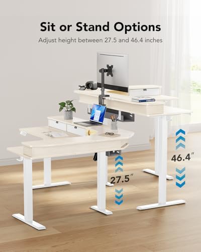 HUANUO 65″ L Shaped Standing Desk with 3 Drawers, Adjustable, Natural Wood - Image 3