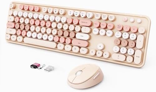 Wireless Keyboard and Mouse Combo, Ergonomic Full Size Typewriter Retro Round Keycaps Keyboard, Compatible with Windows, PC, Perfer for Home and Office Keyboards (Chocolate Color) by SkyGive