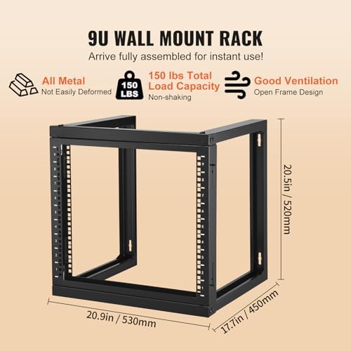 VEVOR 9U Server Rack, Wall Mount Network Rack for 19 Inch IT & AV Equipment, Open Frame 18" Deep 150 lbs Max Load Capacity - Image 4