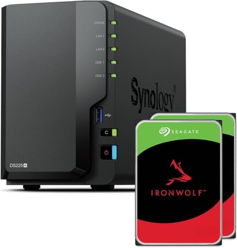 Synology DS225+ 2-Bay Diskstation NAS (Intel Celeron J4125 Quad-Core, 2 GB Non-ECC DDR4 SODIMM 1 x 2,5 GbE und 1 x 1 GbE RJ-45 LAN-Port) 16TB Bundle with 2X 8TB Seagate Ironwolf by Synology