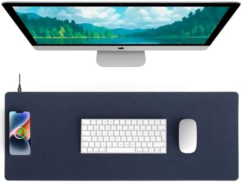 Magnetic Wireless Charging Desk Mat, 31"x11.7" Mouse Pad with Ultra-Smooth Surface, Microfiber Leather Office Mouse Mat, Waterproof Extended Computer Keyboard Desk Mat for Office & Home, Laptop, Blue by Hi-HONX