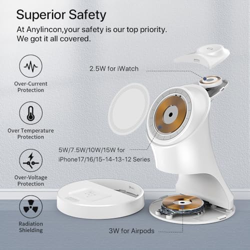 Wireless Charger,3 in 1 Magnetic Wireless Charger Stand, Fast Wireless Charging Dock for iPhone17/16/15/14/13/12 Series, Apple Watch Series, AirPods Pro. - Image 5