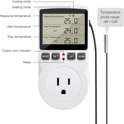 Diymore 1800W Plug in Thermostat Temperature Controller Electric Digital RV Thermostats Heating Cooling Control Mode Timer White 120V 15A Digital Temperature Controller Thermostat Timer LCD Display - Image 5