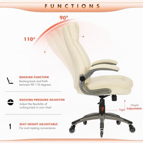 COLAMY Ergonomic High Back Office Chair, Ivory Bonded Leather Executive Desk Chair with Flip-up Arms, Thick Cushion, Silent Nylon Wheels, Adjustable Height & Rocking Function, 300lbs Capacity - Image 5
