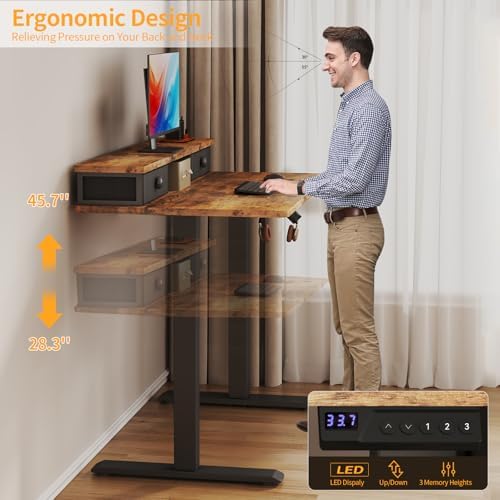 Electric Standing Desk Adjustable Height - 40 Inch Sit Stand Desk with Storage Drawers , Small Standing Desks with Shelf Monitor Stand, Kids Girls Computer Desks for Bedroom Home Office, Rustic Brown - Image 4