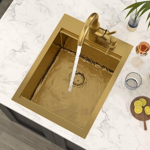 Bar Sink - Lordear 15x20 Inch Gold Bar Sink with Faucet Drop In Workstation 16 Gauge T304 Stainless Steel Single Bowl Top Mount Wet Bar RV Prep Outdoor Kitchen Sink 15x20x9 Inch - Image 3