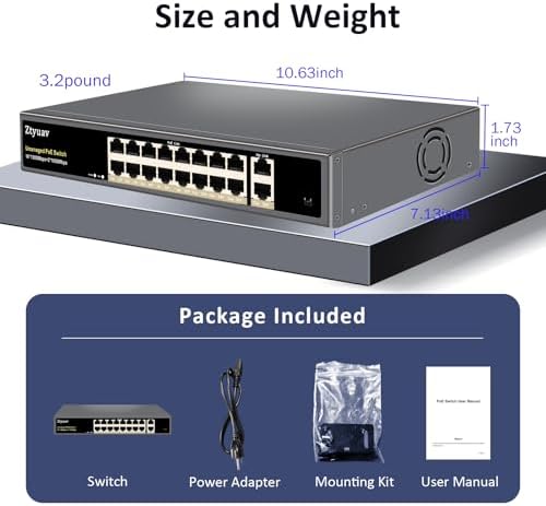 18-Port Full Gigabit Unmanaged PoE Switch with 16 PoE+ Ports @250W, 2 Uplink Ports-IEEE802.3af/at Compliant, 6KV Lighting Protection, VLAN Mode, Fanless & Metal Plug & Play - Image 6