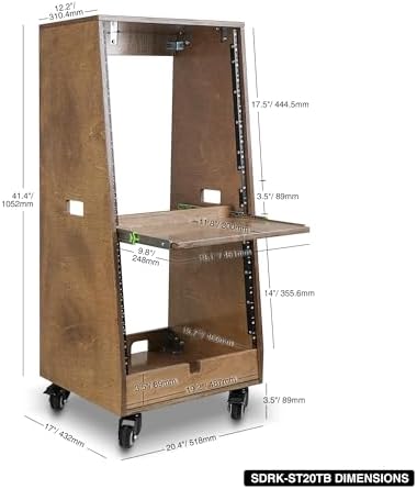 Sound Town DIY Slanted 20U Studio Rack (12U Top + 8U Lower), with 2U Bottom Storage, Slide-Out Tray, Caster, Plywood, Weathered Brown for Recording Room, Home Studio (SDRK-ST20TB) - Image 5
