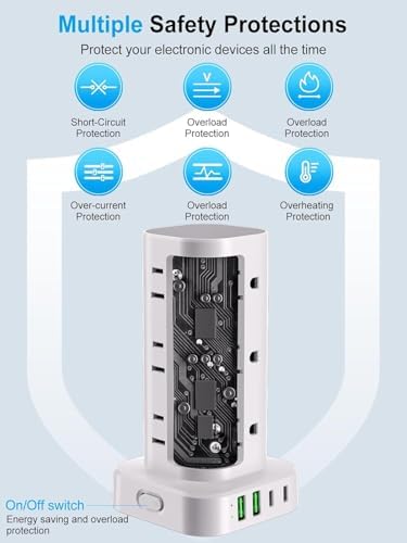 15FT Power Strip Tower Surge Protector, 12 Wide Spaced Outlets, 4 USB - Image 7