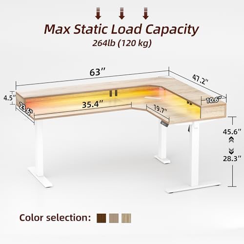 TIQLAB 63'' L-Shaped Standing Desk with LED Light Strip and Power Outlet, Height Adjustable Corner Table with Ergonomic Monitor Stand, Maple - Image 3