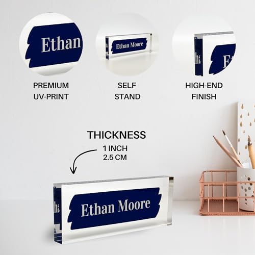 Customized Clear Acrylic Thick 8x3" Desk Name Plate Block with Personalized Logo - Professional Office Decor - Customized Acrylic Plate Gift for Teacher Co-workers (Navy Brush) - Image 5