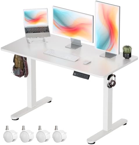 Okin Standing Desk Electric Adjustable Computer Whole Piece Stand up Desk with Wheels Office Gaming Home Office Memory Desks 48x24 inches White by Okin