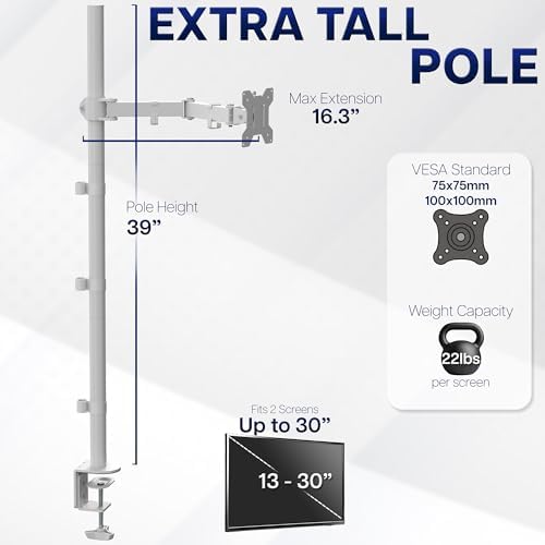 VIVO Extra Tall Single Monitor Desk Mount Stand with 39 inch Pole, Features Full Adjustability - Tilt and Articulation, Holds 13 to 32 inch Screens up to 10kg with VESA Mounting, White, STAND-V011W - Image 4
