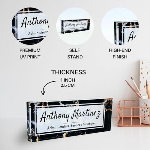 Customized Clear Acrylic Thick 8x3" Desk Name Plate Block with Personalized Logo - Professional Office Decor - Customized Acrylic Plate Gift for Teacher Co-workers (Black Marble) - Image 2