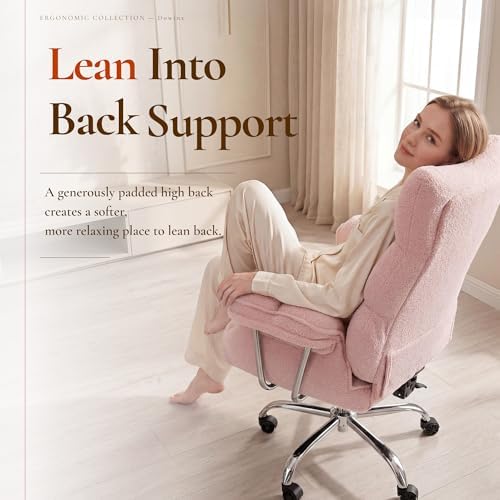 Dowinx Big and Tall Office Chair with Footrest, Ergonomic High Back Reclining Design, Wide Seat, Thick Cushion, Wide Armrests, Teddy Fleece Criss Cross Desk Chair, Light Pink - Image 5