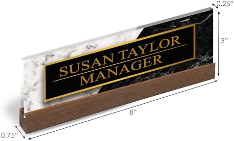 Artblox Personalized Office Desk Name Plate and Business Card Holder | Clear Acrylic Glass with Teak Wood Stand | Black White Marble Design Customized with Your Name and Credentials Office Desk Decor - Image 2