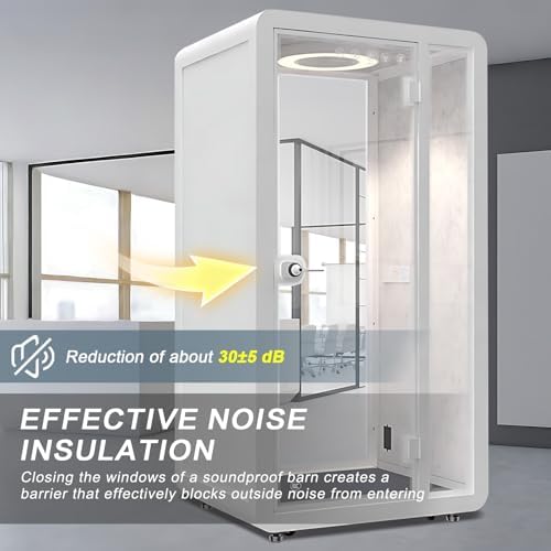 White Office Pod Booth (White Simple Appearance Design)(Reduce Noise by 25-35 Decibels)(Silent Fresh Air System) Soundproof Booth with Lighting,Universal Wheel for Sining (47.24IN) - Image 3