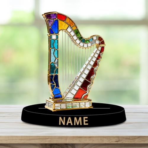 Personalized Acrylic Harp Decoration - Stained Glass Style Colorful Figurine with Custom Name Plate, Music Desktop Ornament Gifts for Harpists Classical Musicians Music Lovers & Collectors - Image 2