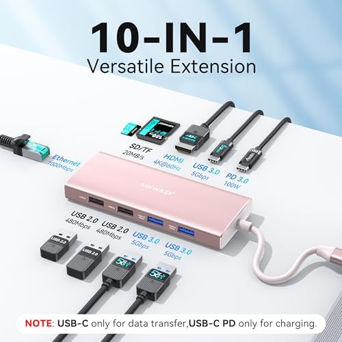 USB C Hub Adapter,10 in 1 USB C to USB HDMI Ethernet Hub with 4K@60Hz HDMI+Ethernet+4USB+1USB-C Data Port+SD/TF Card Reader+100W PD (Pink) - Image 2