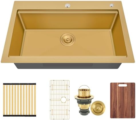 33 Inch Gold Drop In Single Bowl Workstation Handmade Kitchen Sink - Image 2