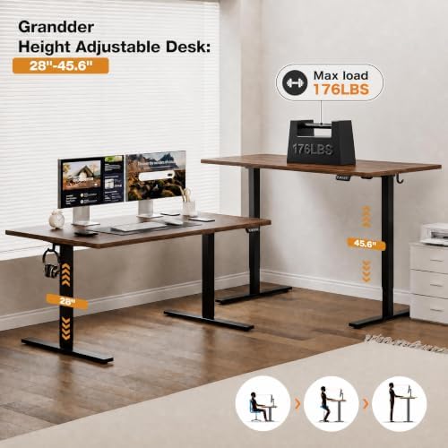 Grandder 63x32 Large Electric Standing Desk, Height Adjustable Computer Desk with 2 Memory Presets, 31.5" Deep Desktop Sit Stand Desk Home Office Desk Workstation Table with Hooks, Walnut - Image 5