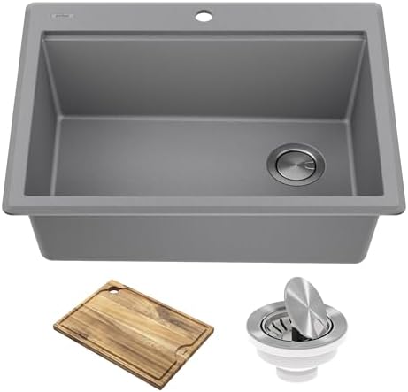 KRAUS Bellucci 28-inch Granite Workstation Drop In Top Mount Single Bowl Kitchen Sink in Metallic Grey with Accessories, KGTW12-28MGR by Unknown