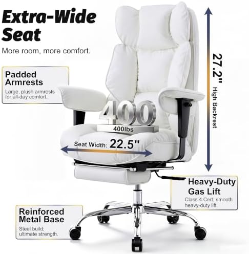 Efomao Executive Office Chair 400lbs,White Big and Tall Desk Chair - Image 4