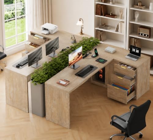 78.7" L-Shaped Executive Desk with Drawers and File Cabinet Farmhouse Large Office Desk with Power Outlets & Sliding Door Storage, Corner Computer Desk for Home Office Gaming - Image 3