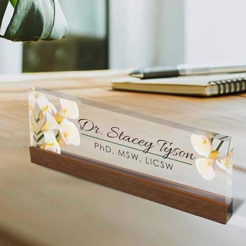 Artblox Personalized Office Desk Name Plate and Business Card Holder | Clear Acrylic Glass with Teak Wood Stand | Calla Flowers Design Customized with Your Name and Credentials Office Desk Decor - Image 2
