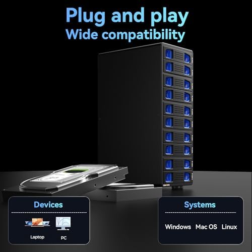 CENMATE Aluminum 10 Bay Hard Drive Enclosure with Cooling Fan for 2.5“/3.5" SATA HDD/SSD with USB A/C 3.0, Support Hot Swappable, Tool-Free HDD Enclosure, DAS(NO RAID/NAS) - Image 6