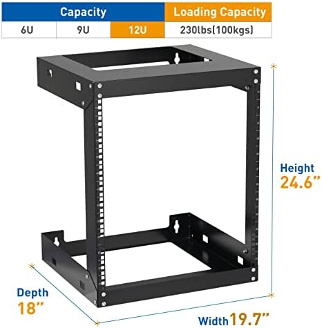 12U Wall Mount Rack Open Frame 19 Inch Server Equipment 2 Post Network Cabinet 18 inches Depth Black by Tedgetal - Image 2