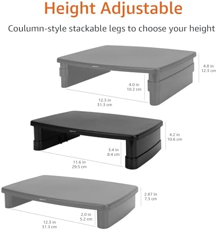 Amazon Basics Height Adjustable Monitor Stand Riser with Storage Organizer, 3-Level Stackable Design, Durable ABS Plastic, Supports up to 22lbs, for Monitors & Laptops, Black - Image 5