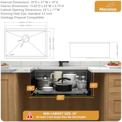 Black Undermount Kitchen Sink - Mocoloo 27x19 Inch Undermount Workstation Kitchen Sink Gunmetal Black 16 Gauge Stainless Steel Single Bowl Handmade Sink Basin - Image 4