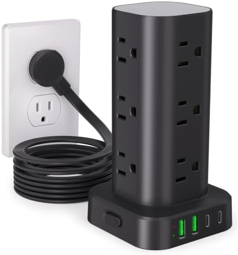 10FT Power Strip Tower Surge Protector, 12 Wide Spaced Outlets, 4 USB by Unknown