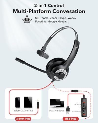JIAMQISHI Single‑Ear USB Headset with Mic for PC,On-Ear Computer Laptop Headphones with Noise Cancelling Microphone in-line Control for Home Office Online Class (USB+3.5mm Single Ear Headset, Black) - Image 5