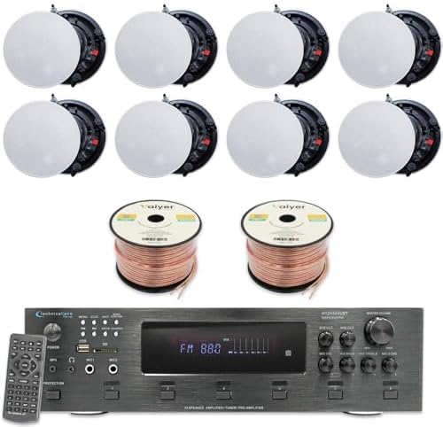 Technical Pro Home Theater Sound System Kit - 6 Channel 6000 Watts Bluetooth Amplifier, 8 Qty of 8” Frameless Ceiling Speakers 300 W Each, 500 ft Speaker Wire & Remote Ideal for Home, Office by TechnicalPro