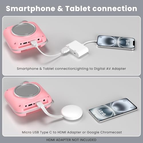 HOMPOW Mini Projector with Two -Way Bluetooth, Portable Projector for Home Theater Use, Support 1080P for Indoor/Outdoor, Movie Projector Compatible with HDMI, USB, Laptop, TV Stick (Pink)/Slide Film - Image 3