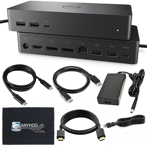 Dell UD22 Docking Station Dual Monitor Bundle - Supports 4K Display, Universal Dock for Dell Laptops with 130W Adapter + 4K HDMI Cable + 4K DisplayPort Cable + USB-C Cable + Microfiber Cloth (Renewed) by Amazon+Renewed