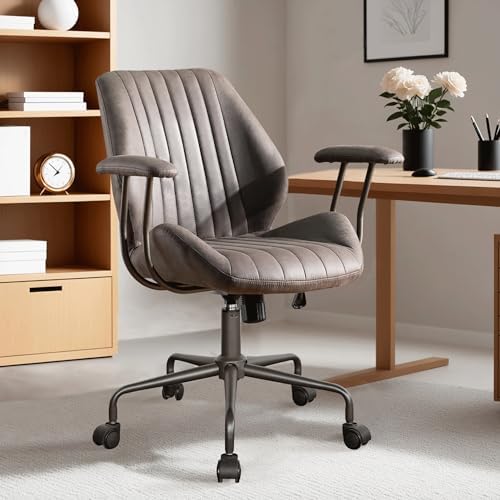 ovios Ergonomic Office Chair, Mid-Back Faux Suede Fabric Executive Chair with Padded Armrest, Mid-Century Modern Comfy Swivel Rolling Computer Desk Chairs, Gray by OVIOS