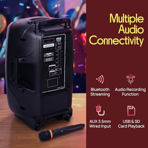 Pyle 1200W Portable Bluetooth PA Speaker - 12’’ Subwoofer, LED Battery Indicator Lights W/Built-In Rechargeable Battery, MP3/USB/SD Card Reader, and UHF Wireless Microphone - Pyle PSBT125A,Black - Image 5
