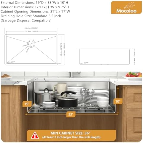 Mocoloo 33 Undermount Kitchen Sink - 33 x 19 Inch Kitchen Sink Undermount Stainless Steel 16 Gauge Single Bowl Under Counter Handmade with Offset Drain, 10'' Deep Basin - Image 3