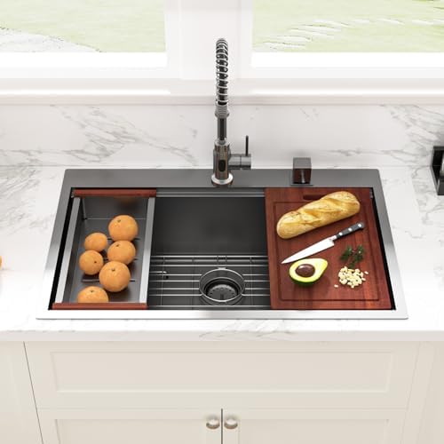 Sarlai 33 Black Kitchen Sink Drop In - 33" x 22" Kitchen Sink Drop In Workstation Topmount Gunmetal Black Stainless Steel 16 Gauge Single Bowl Over Counter Sinks Basin - Image 3