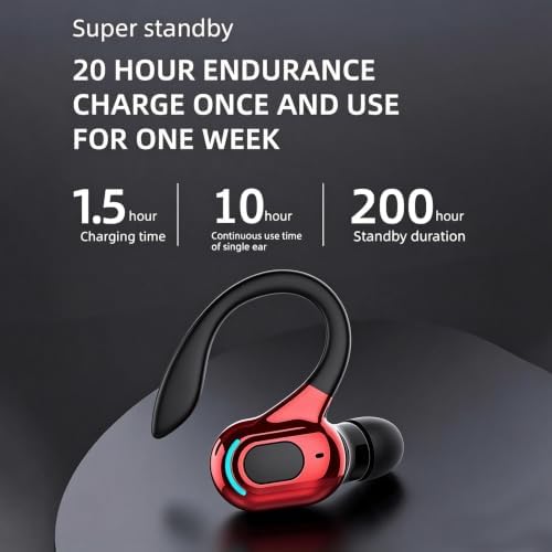 Wireless Headset Business Headphones,Waterproof Hanging Single Ear Earbuds,Mono Wireless Headset Noise Cancelling Sports Wireless Earpiece with Mic for Smart Phones (Red) - Image 4