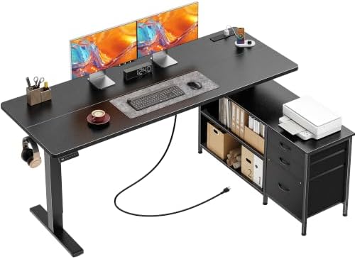 PRAISUN 55.1'' L Standing Desk with Outlets, Cabinet with Shelves, Drawers by PRAISUN