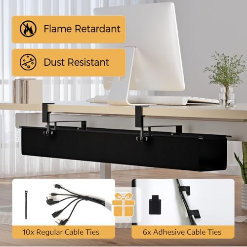 Under Desk Cable Management Tray 39.7" - No Drill Computer Wire Organizer Cable Tray, Cord Hider Clamp Mount with 16X Cable Ties PC Cables Management Cord Holder for Office/Home (Upgrade Fabric,Black) - Image 2