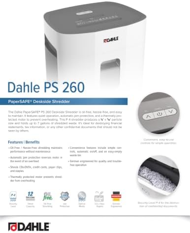 Dahle PaperSAFE PS 260 Paper Shredder, Oil Free, Jam Protection, Security Level P-4, 12 Sheet Max, Shreds CDs, Staples, Paper Clips & Credit Cards - Image 6