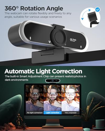 Webcam 4K with Microphone & Privacy Cover for PC/Laptop, USB Computer Camera Plug & Play with Auto Light Correction for Video Calls, Live Streaming Gaming & Online Meetings - Image 4