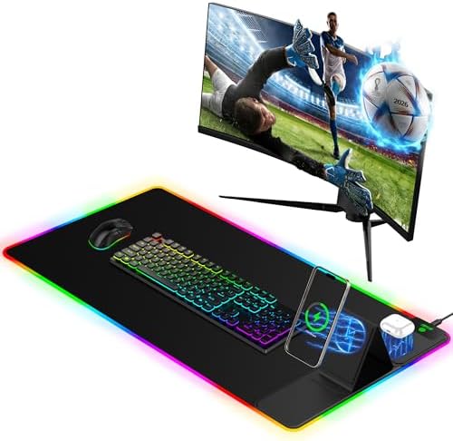 Mouse Pad with Foldable Phone Holder & Wireless Charger, XXL RGB Gaming Mousepad 31.5"x15.8" Large Desk Mat for Keyboard, Black Desk Pad with Dual Qi Charging Station | 11 Colors 5 Modes | Waterproof by miroddi